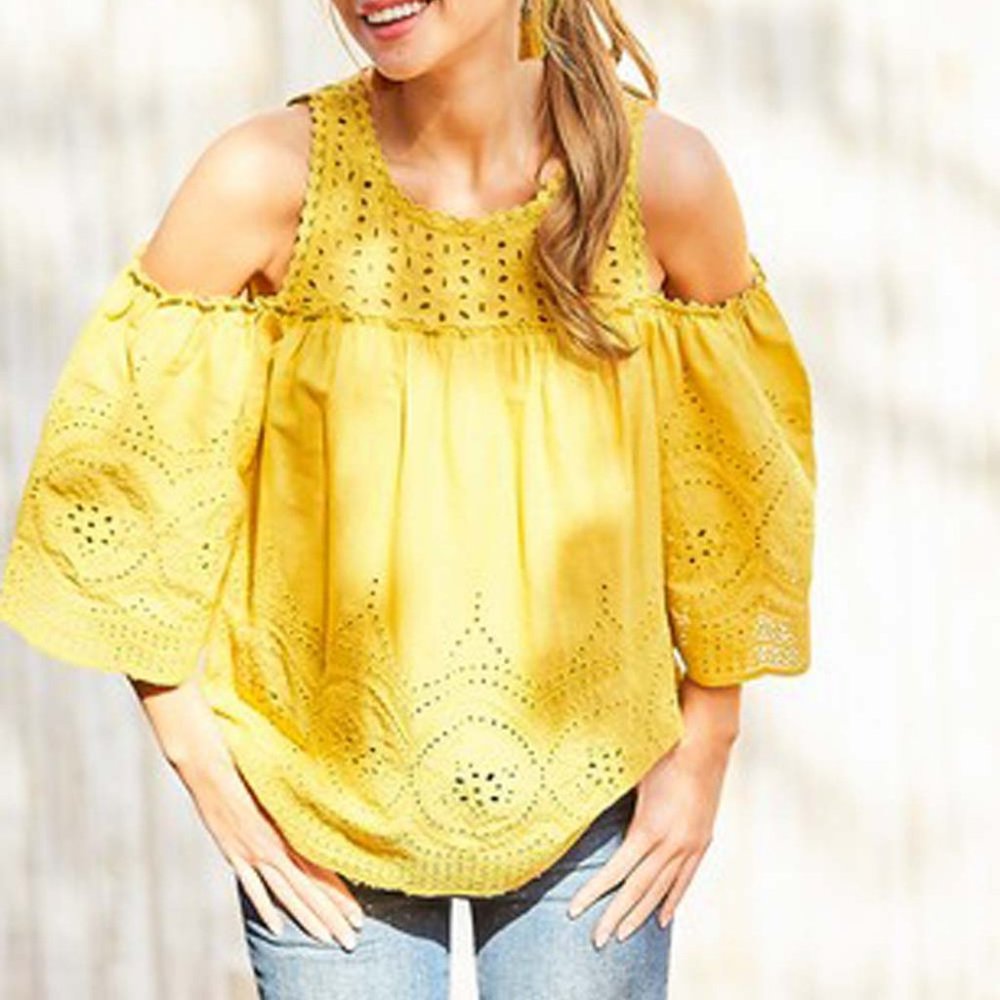New Mustard Eyelet Off The Shoulder Blouse Top